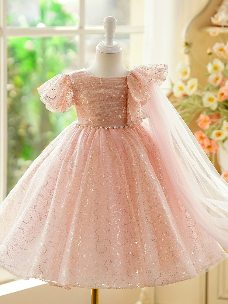 Pink Sequined Back Zip Baptism Sequins Tea Length Short Sleeve Cap Sleeve Scoop Flower Girl Dress