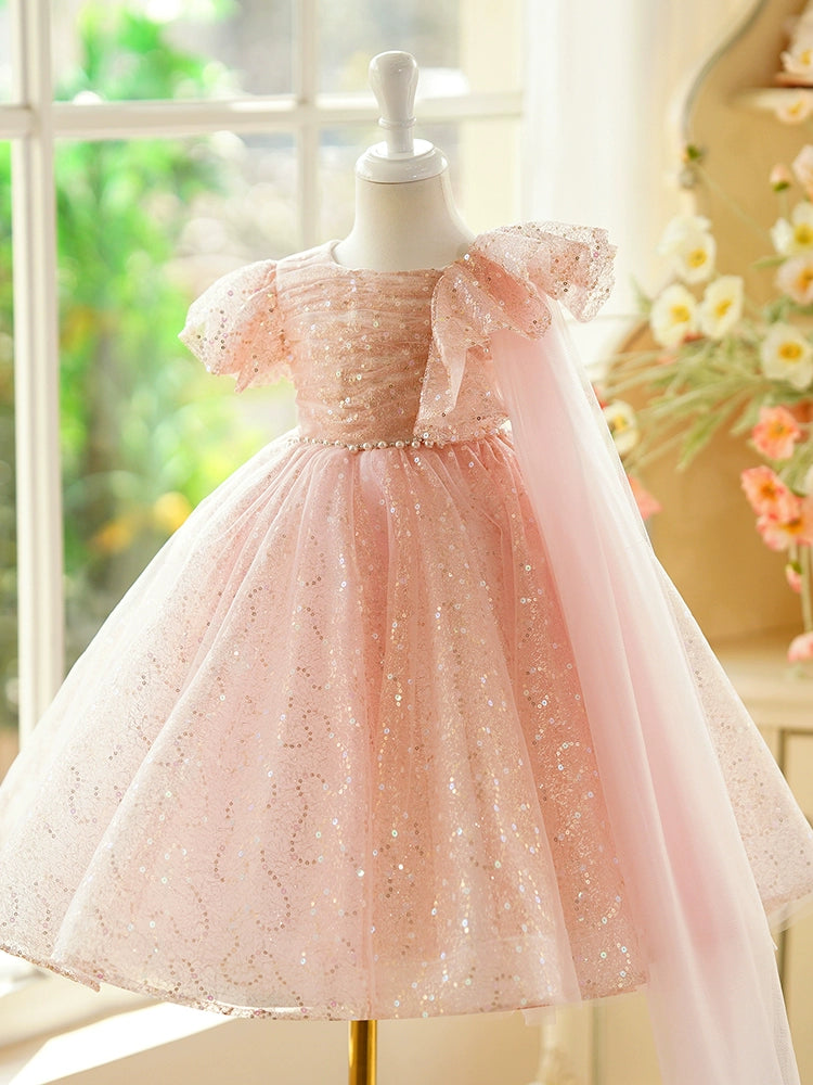 Pink Sequined Back Zip Baptism Sequins Tea Length Short Sleeve Cap Sleeve Scoop Flower Girl Dress