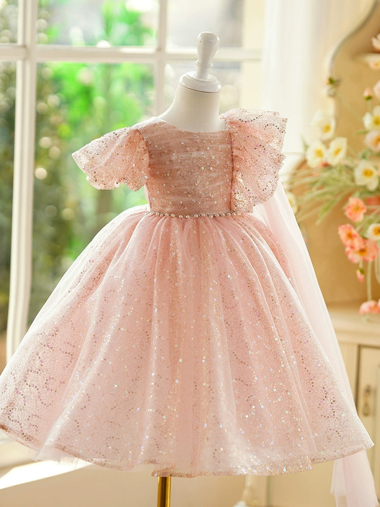 Pink Sequined Back Zip Baptism Sequins Tea Length Short Sleeve Cap Sleeve Scoop Flower Girl Dress