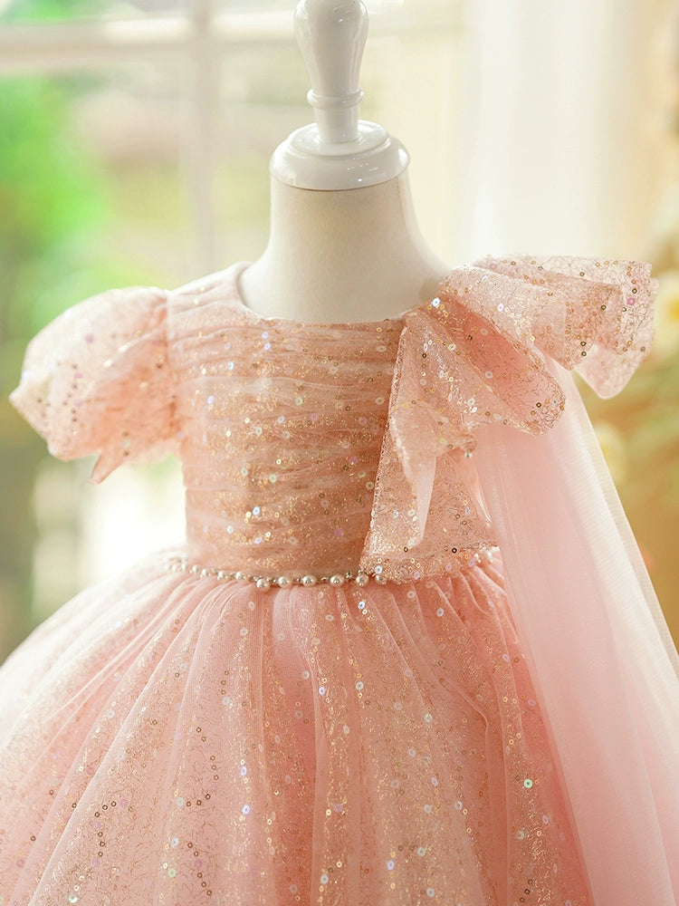 Pink Sequined Back Zip Baptism Sequins Tea Length Short Sleeve Cap Sleeve Scoop Flower Girl Dress
