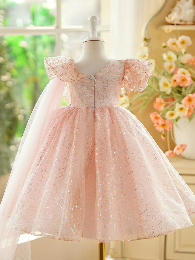 Pink Sequined Back Zip Baptism Sequins Tea Length Short Sleeve Cap Sleeve Scoop Flower Girl Dress