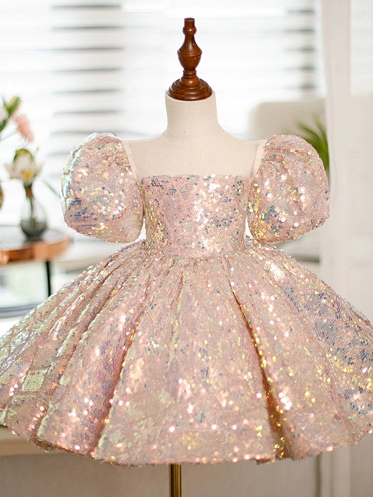 Pink Sequin Flower Girl Dress – Sweetheart Neck Ball Gown for Parties & Weddings