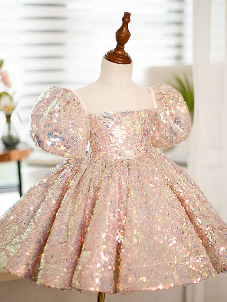 Pink Sequin Flower Girl Dress – Sweetheart Neck Ball Gown for Parties & Weddings