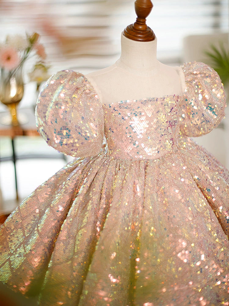Pink Sequin Flower Girl Dress – Sweetheart Neck Ball Gown for Parties & Weddings