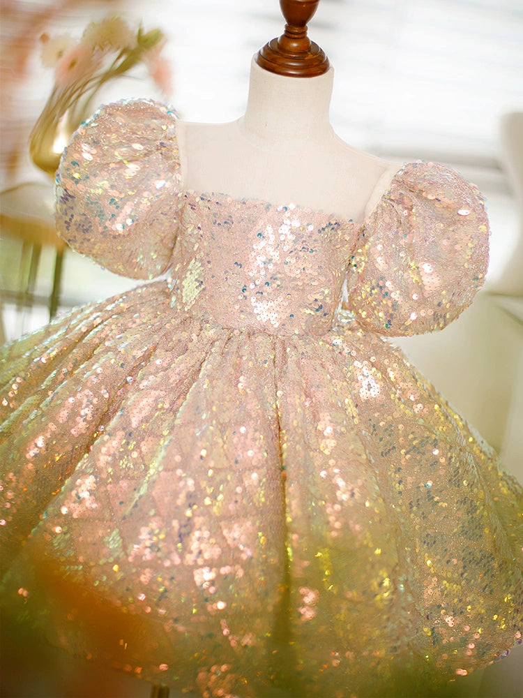 Pink Sequin Flower Girl Dress – Sweetheart Neck Ball Gown for Parties & Weddings