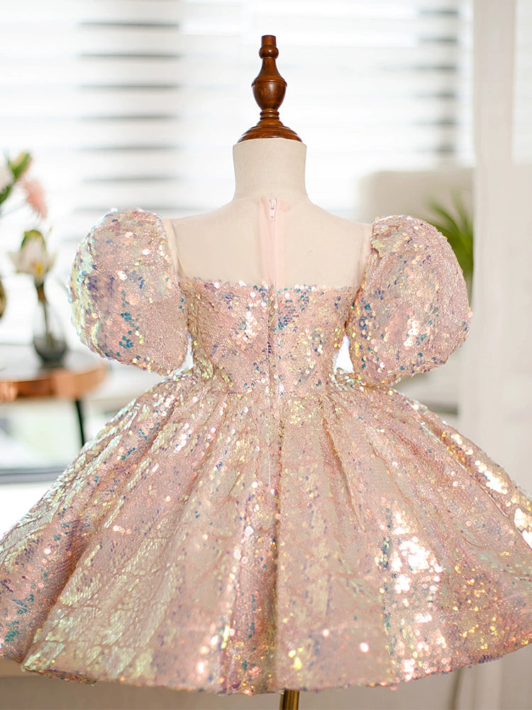 Pink Sequin Flower Girl Dress – Sweetheart Neck Ball Gown for Parties & Weddings