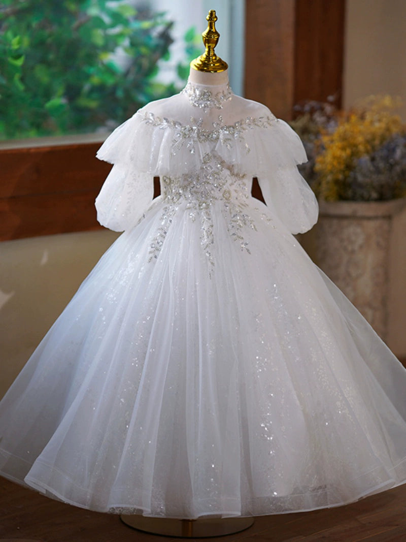Cute White Princess A-Line Flower Girl Maxi Dress with Sequins & Ruffles