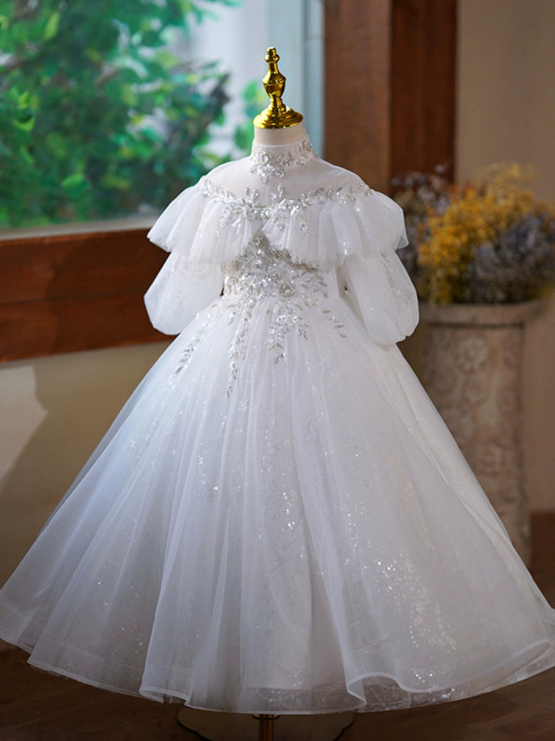 Cute White Princess A-Line Flower Girl Maxi Dress with Sequins & Ruffles