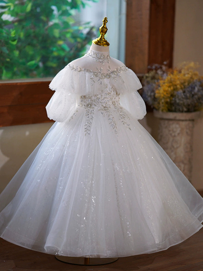 Cute White Princess A-Line Flower Girl Maxi Dress with Sequins & Ruffles