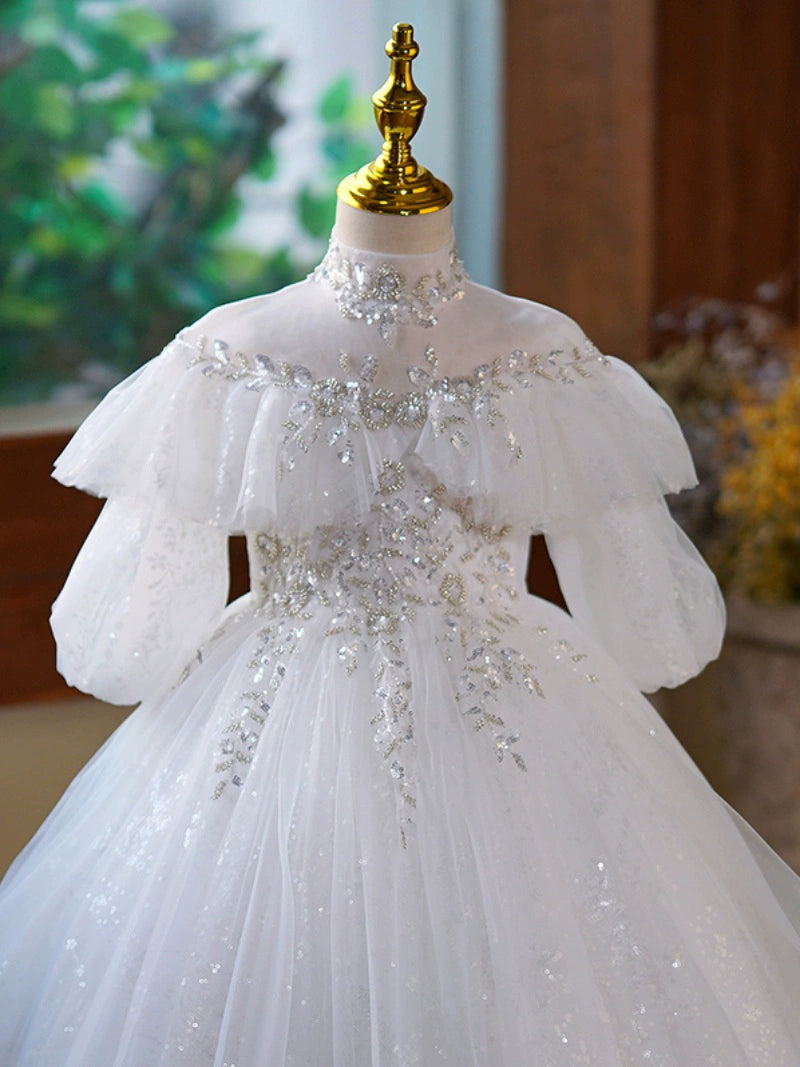 Cute White Princess A-Line Flower Girl Maxi Dress with Sequins & Ruffles