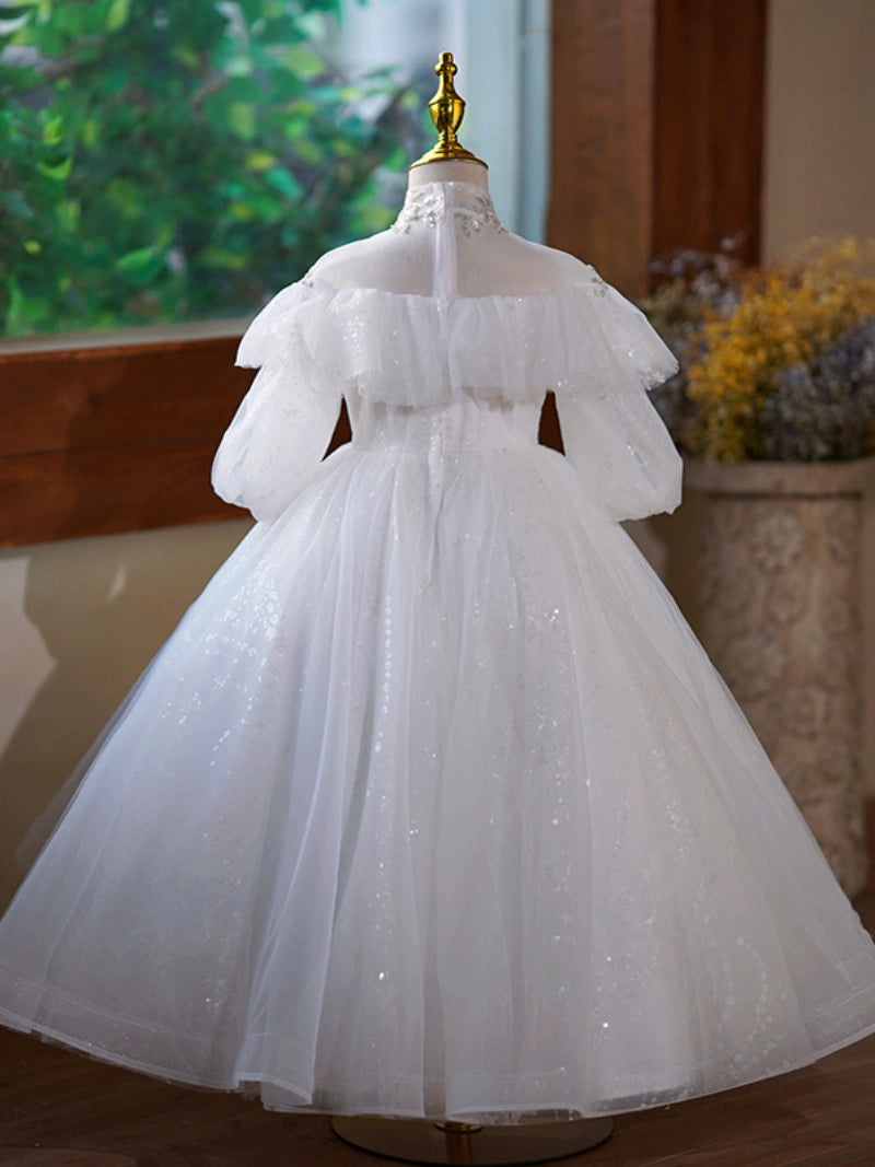 Cute White Princess A-Line Flower Girl Maxi Dress with Sequins & Ruffles