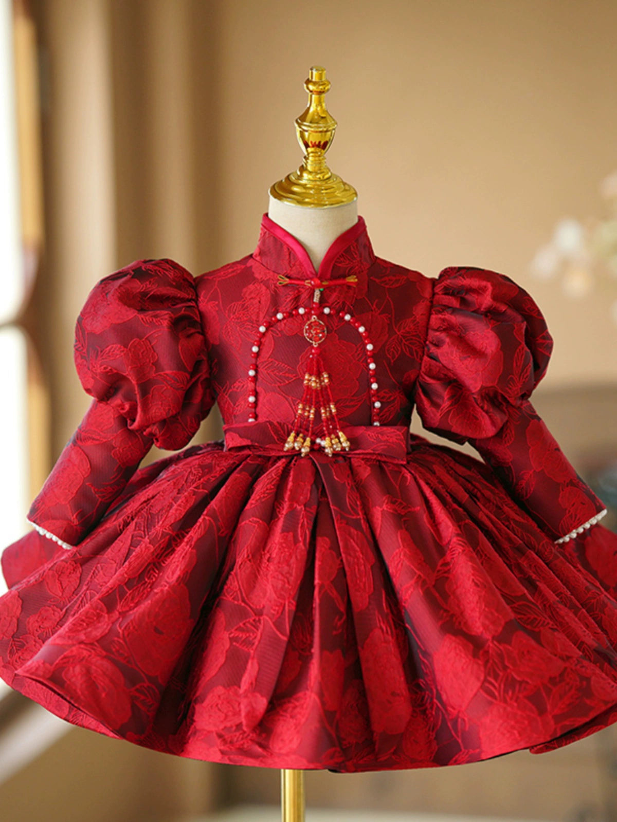 Burgundy Princess Satin Ball Gown Dress for Girls | Floral, Sequins & Ruffles