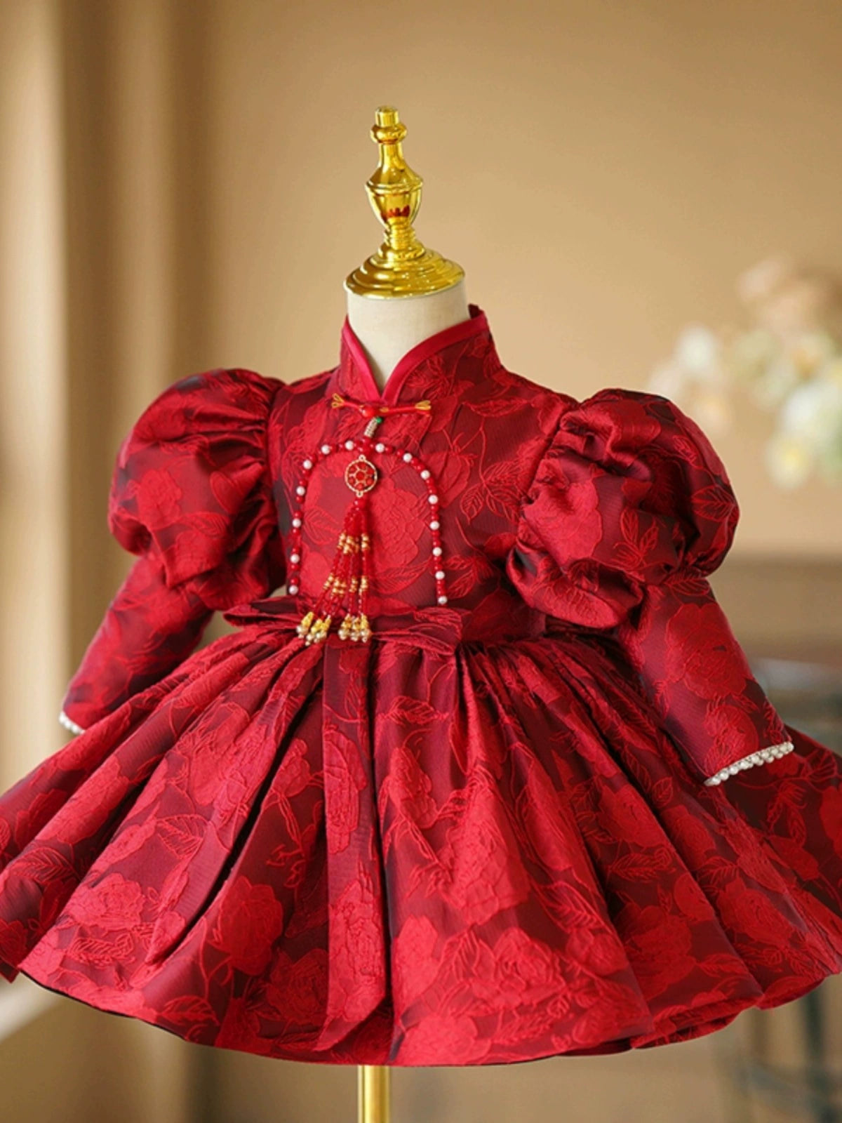 Burgundy Princess Satin Ball Gown Dress for Girls | Floral, Sequins & Ruffles
