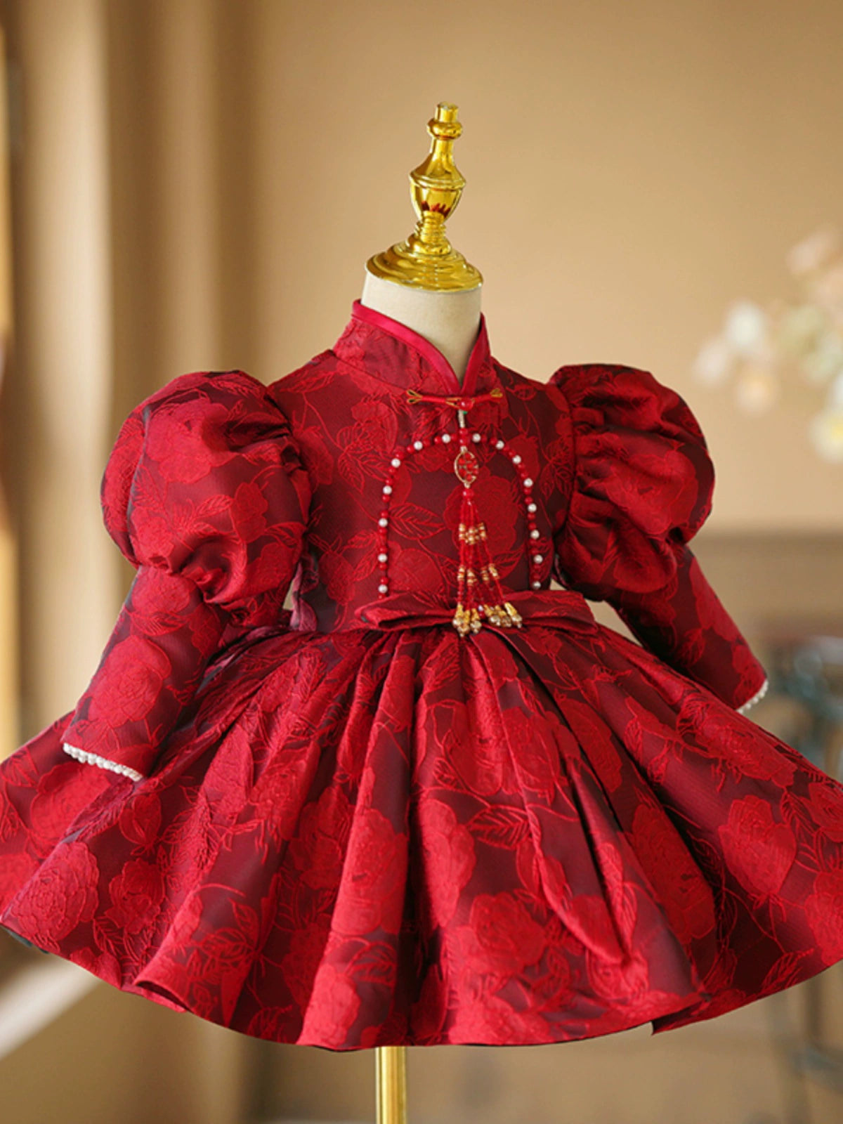 Burgundy Princess Satin Ball Gown Dress for Girls | Floral, Sequins & Ruffles