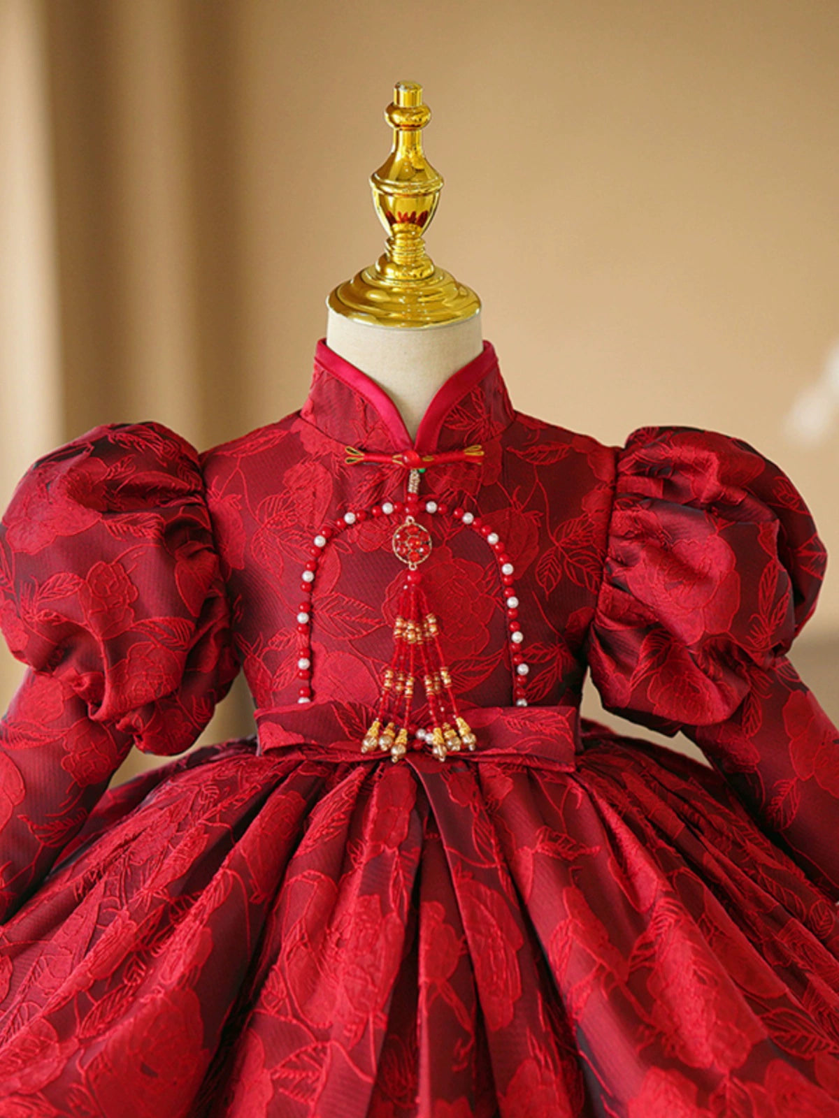 Burgundy Princess Satin Ball Gown Dress for Girls | Floral, Sequins & Ruffles