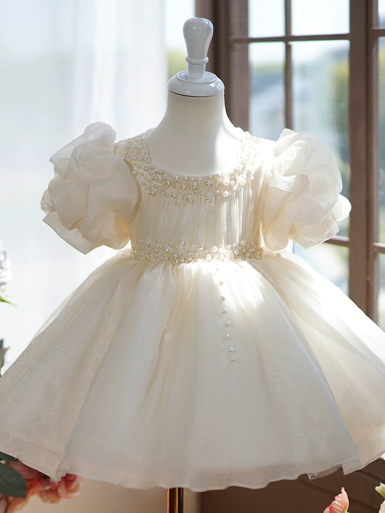 Princess Champagne Organza Back Zip Baptism Bow(s) Tea Length Short Sleeve Puff Sleeve Square Flower Girl Dress