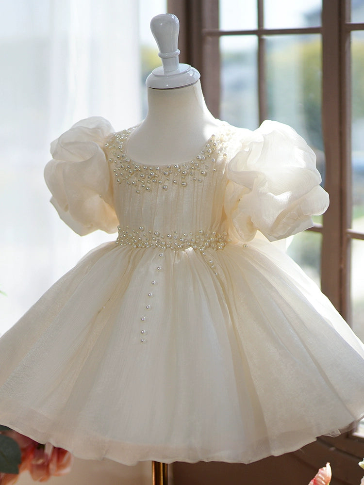 Princess Champagne Organza Back Zip Baptism Bow(s) Tea Length Short Sleeve Puff Sleeve Square Flower Girl Dress