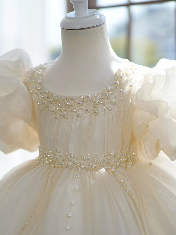 Princess Champagne Organza Back Zip Baptism Bow(s) Tea Length Short Sleeve Puff Sleeve Square Flower Girl Dress