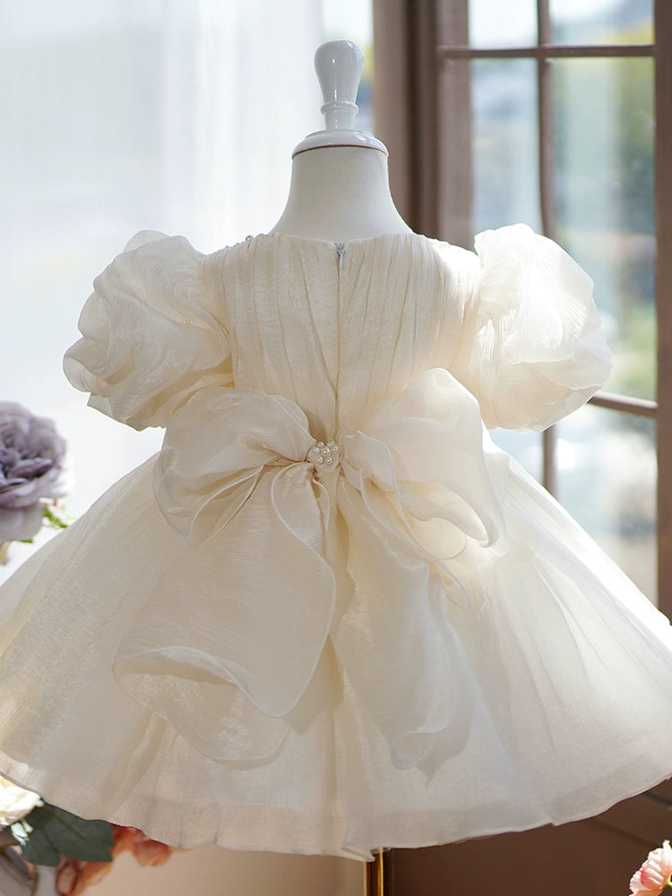 Princess Champagne Organza Back Zip Baptism Bow(s) Tea Length Short Sleeve Puff Sleeve Square Flower Girl Dress