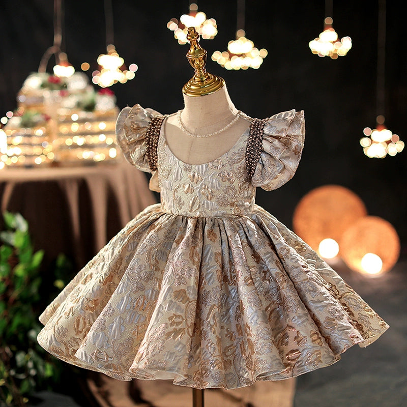 Princess Style Champagne Satin Ball Gown Dress for Girls - Champagne / 5-6 Years (130cm) - Fleur Kids Princess Style Champagne Satin Ball Gown Dress for Girls - Champagne / 5-6 Years (130cm) - Fleur Kids