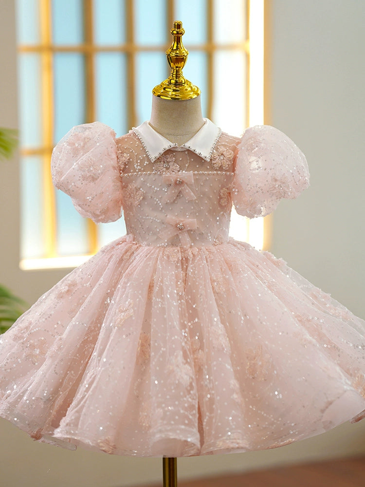 Girls Pink Princess Organza Ball Gown – Sequin Collar Tea Length Dress