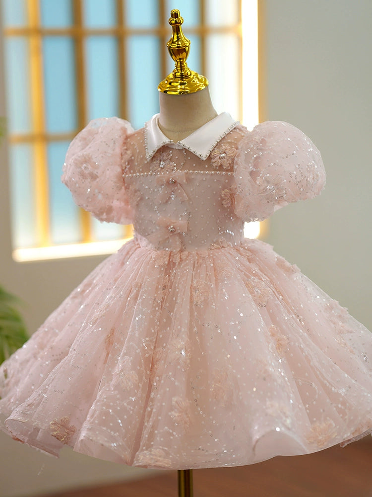 Girls Pink Princess Organza Ball Gown – Sequin Collar Tea Length Dress