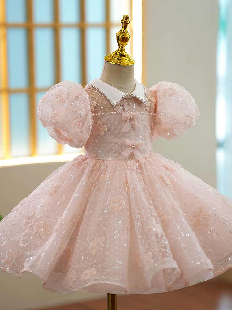 Girls Pink Princess Organza Ball Gown – Sequin Collar Tea Length Dress