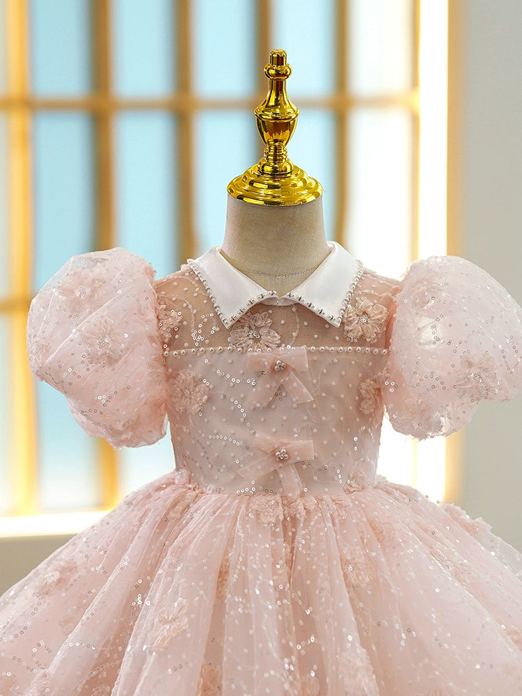 Girls Pink Princess Organza Ball Gown – Sequin Collar Tea Length Dress