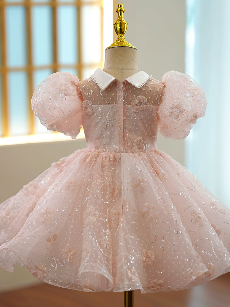 Girls Pink Princess Organza Ball Gown – Sequin Collar Tea Length Dress