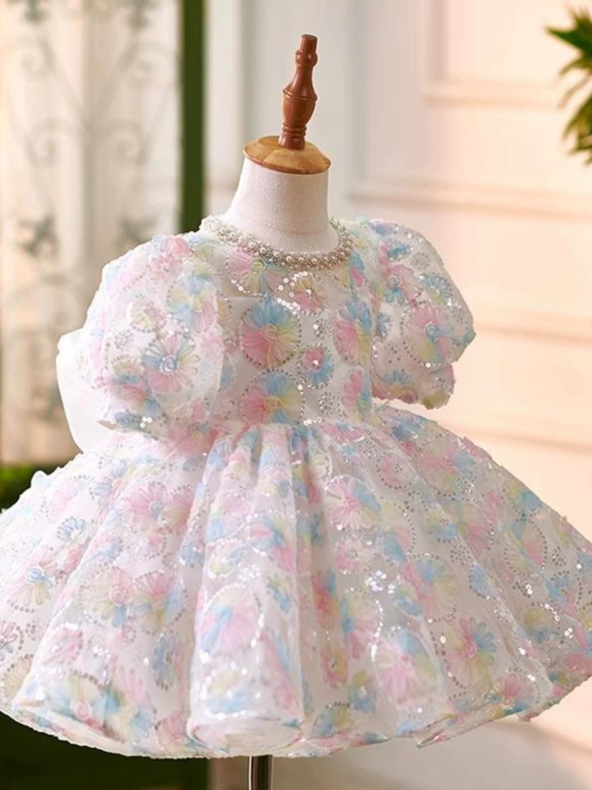 Princess Colorful Sequined Back Zip Baptism Sequins Tea Length Short Sleeve Puff Sleeve Jewel Neck Flower Girl Dress