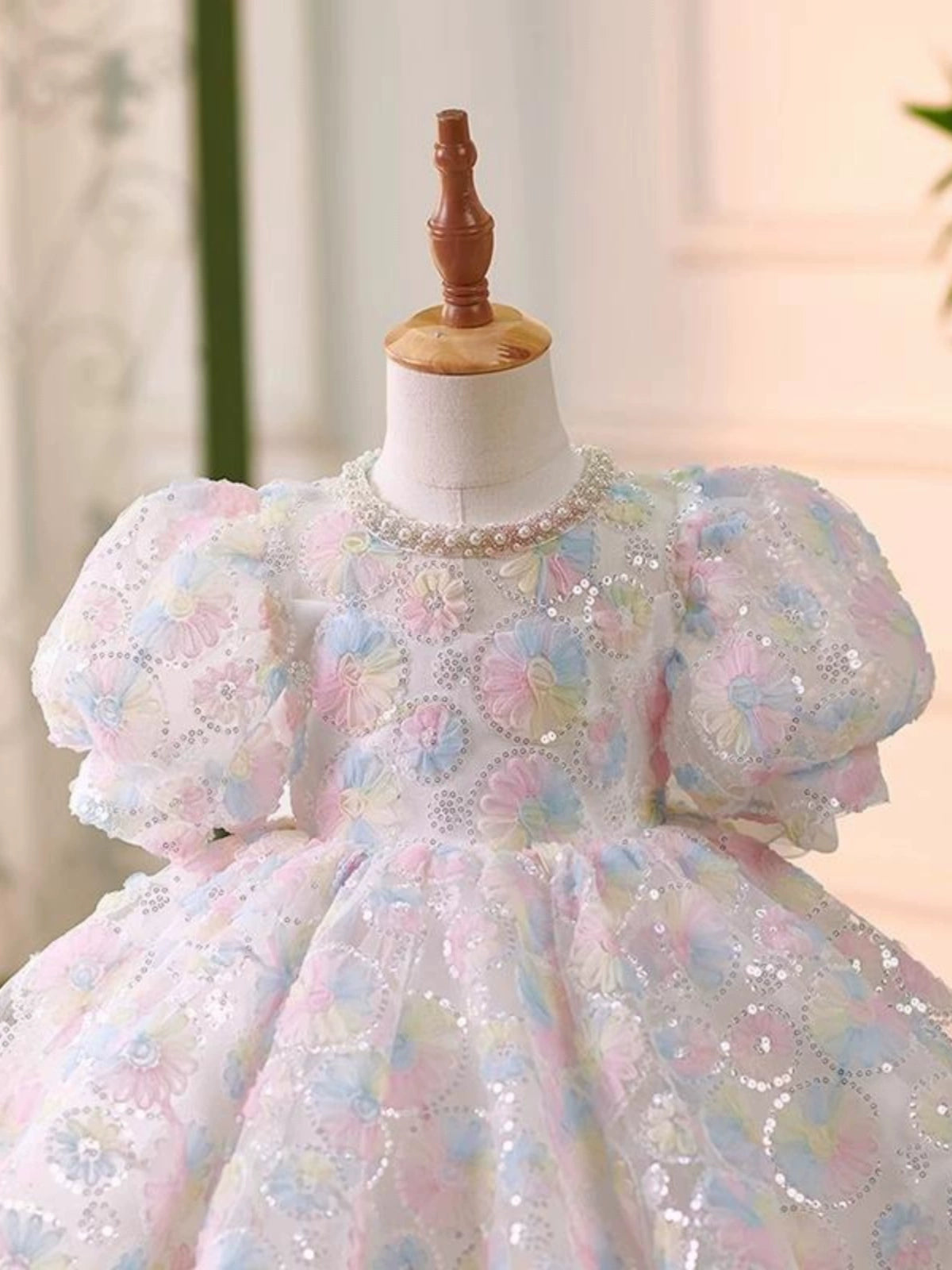 Princess Colorful Sequined Back Zip Baptism Sequins Tea Length Short Sleeve Puff Sleeve Jewel Neck Flower Girl Dress