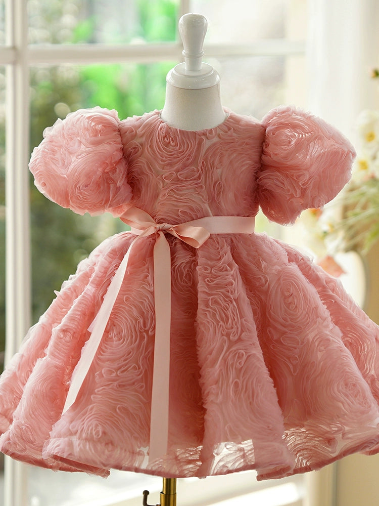 Princess Dusty Rose Polyester Back Zip Baptism Flower(s) Tea Length Short Sleeve Puff Sleeve Round Flower Girl Dress
