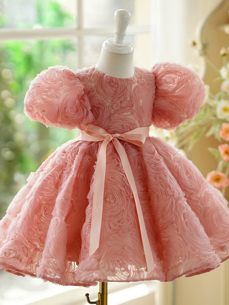 Princess Dusty Rose Polyester Back Zip Baptism Flower(s) Tea Length Short Sleeve Puff Sleeve Round Flower Girl Dress