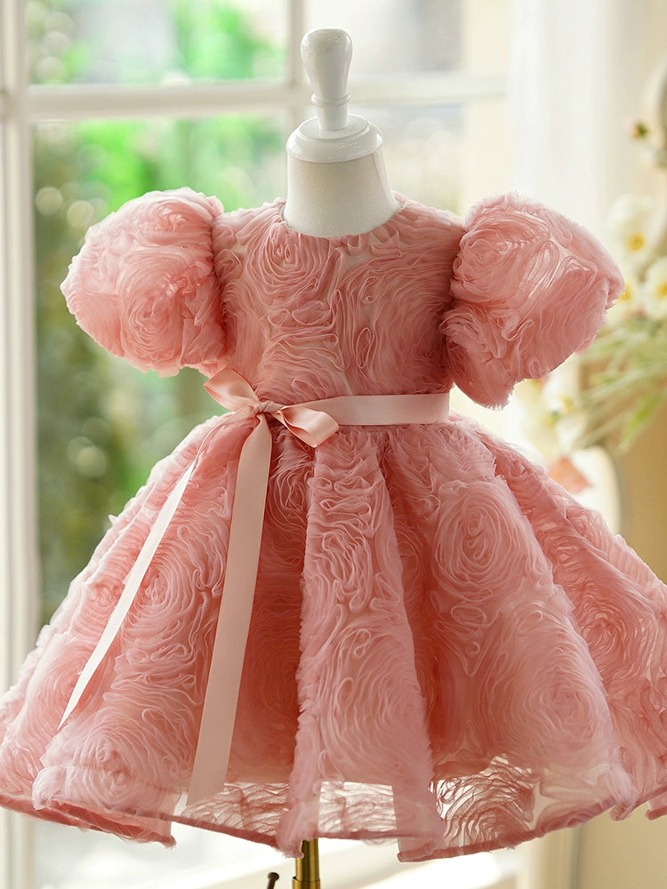 Princess Dusty Rose Polyester Back Zip Baptism Flower(s) Tea Length Short Sleeve Puff Sleeve Round Flower Girl Dress