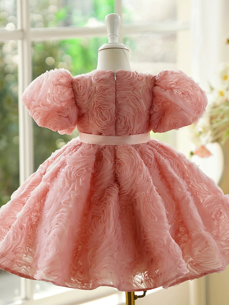 Princess Dusty Rose Polyester Back Zip Baptism Flower(s) Tea Length Short Sleeve Puff Sleeve Round Flower Girl Dress