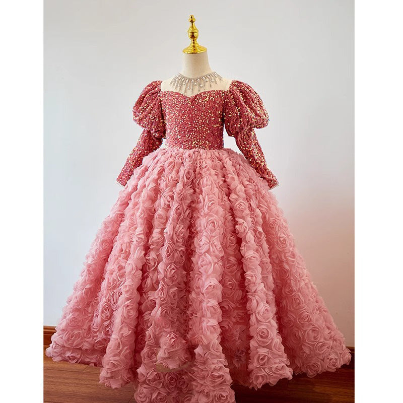 Pink Princess Fairy Sequin Tulle A-Line Dress for Girls | Maxi Flower Girl Gown