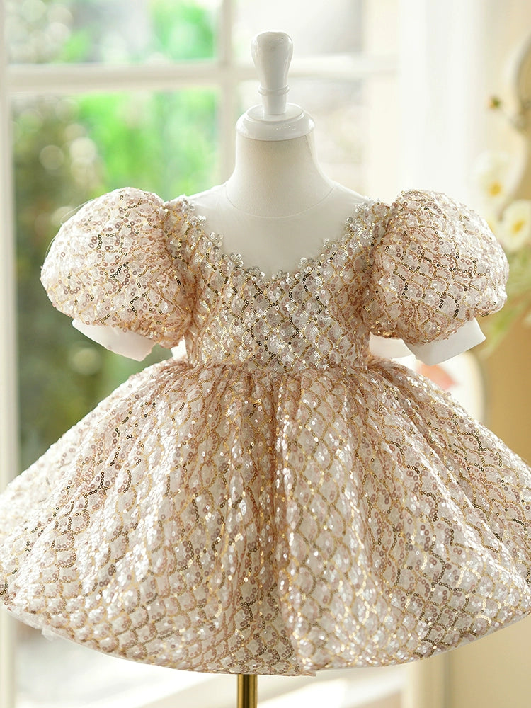 Princess Gold Sequined Back Zip Baptism Sequins Tea Length Short Sleeve Puff Sleeve Round Flower Girl Dress