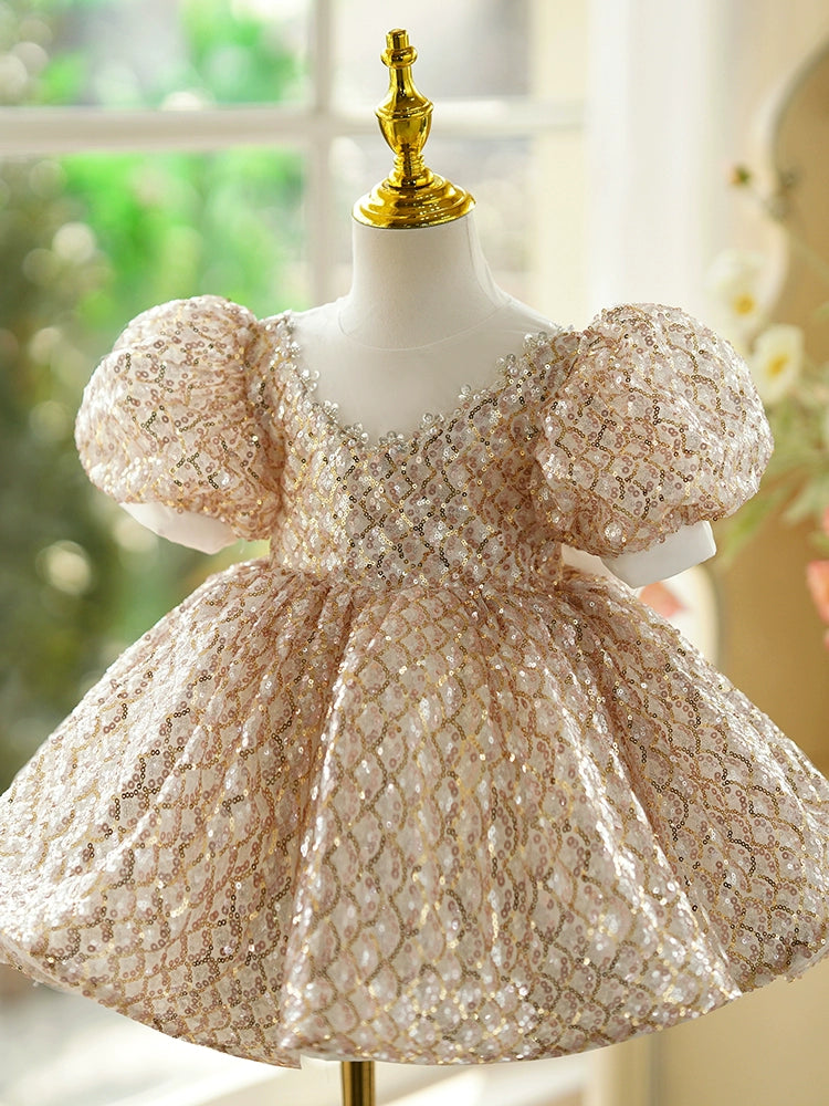 Princess Gold Sequined Back Zip Baptism Sequins Tea Length Short Sleeve Puff Sleeve Round Flower Girl Dress