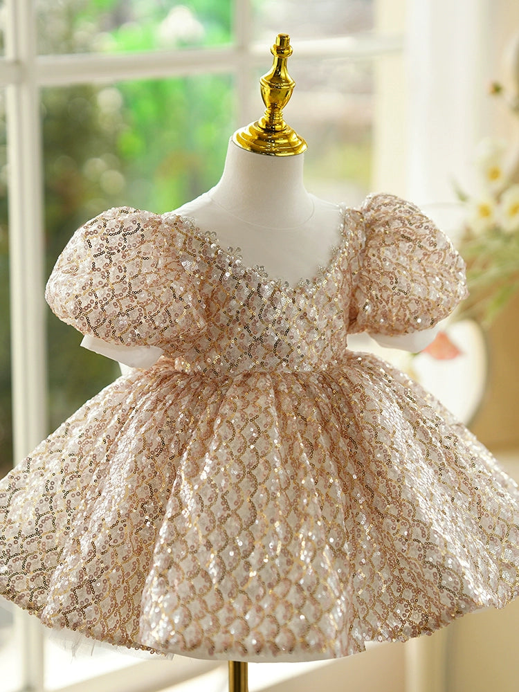 Princess Gold Sequined Back Zip Baptism Sequins Tea Length Short Sleeve Puff Sleeve Round Flower Girl Dress