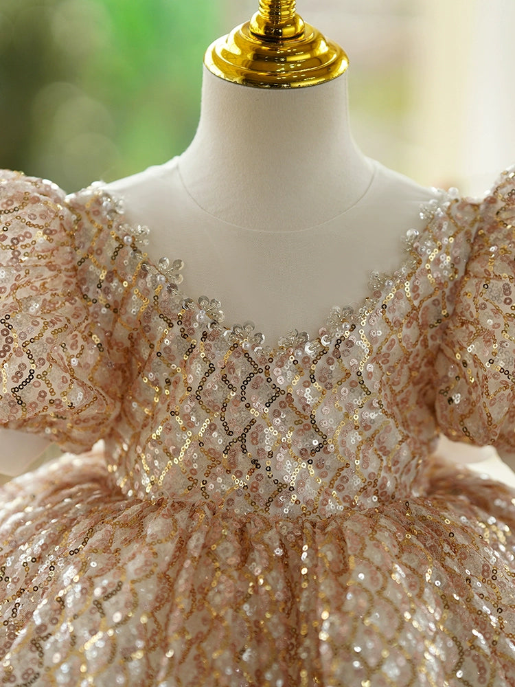 Princess Gold Sequined Back Zip Baptism Sequins Tea Length Short Sleeve Puff Sleeve Round Flower Girl Dress