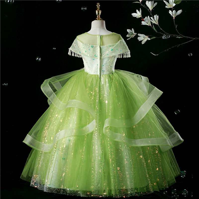 Princess Green Sequined Back Zip Baptism Cascading Ruffles Floor Length Short Sleeve Cap Sleeve Round Flower Girl Dress