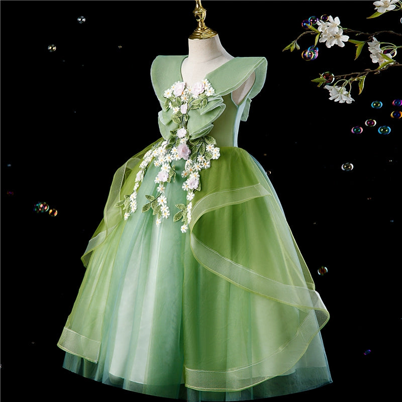 Princess Green Tulle Back Zip Baptism Flower(s) Floor Length Sleeveless Cap Sleeve V-Neck Flower Girl Dress