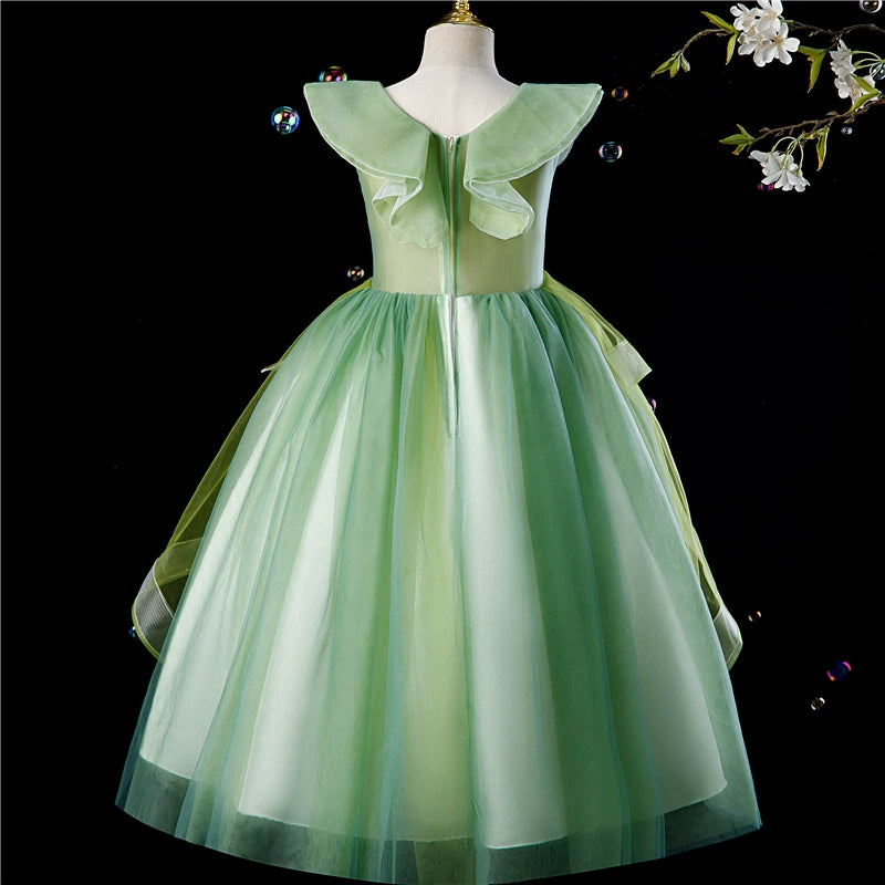 Princess Green Tulle Back Zip Baptism Flower(s) Floor Length Sleeveless Cap Sleeve V-Neck Flower Girl Dress