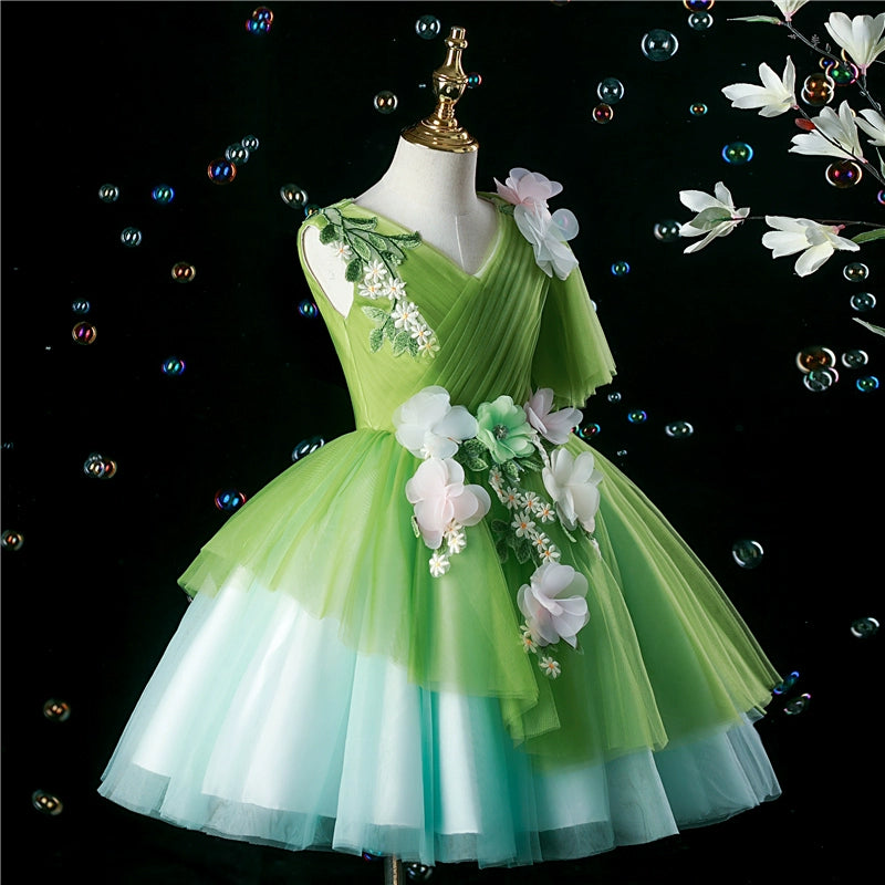 Princess Green Tulle Back Zip Baptism Flower(s) Tea Length Sleeveless V-Neck Flower Girl Dress