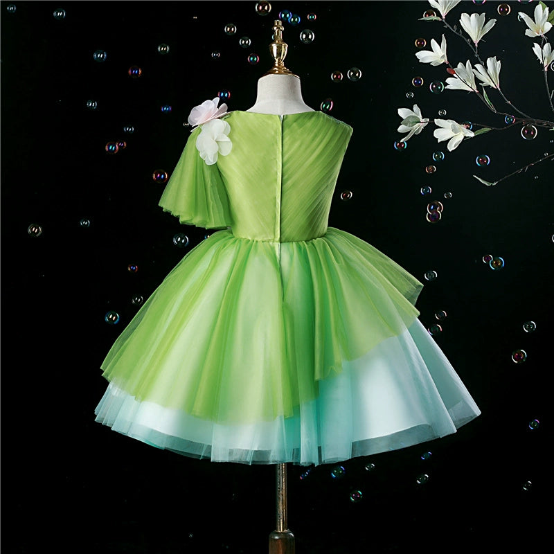 Princess Green Tulle Back Zip Baptism Flower(s) Tea Length Sleeveless V-Neck Flower Girl Dress