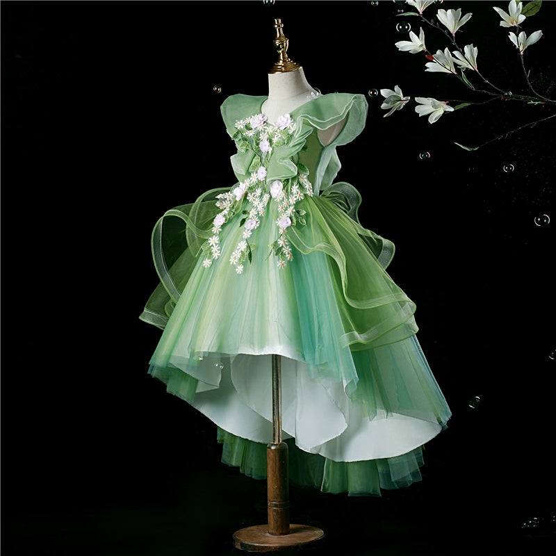 Princess Green Tulle Back Zip Baptism Lace Floor Length Sleeveless Cap Sleeve V-Neck Flower Girl Dress