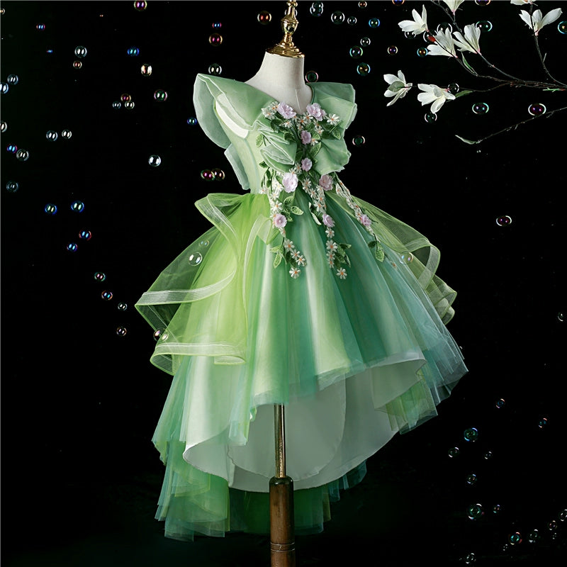 Princess Green Tulle Back Zip Baptism Lace Floor Length Sleeveless Cap Sleeve V-Neck Flower Girl Dress