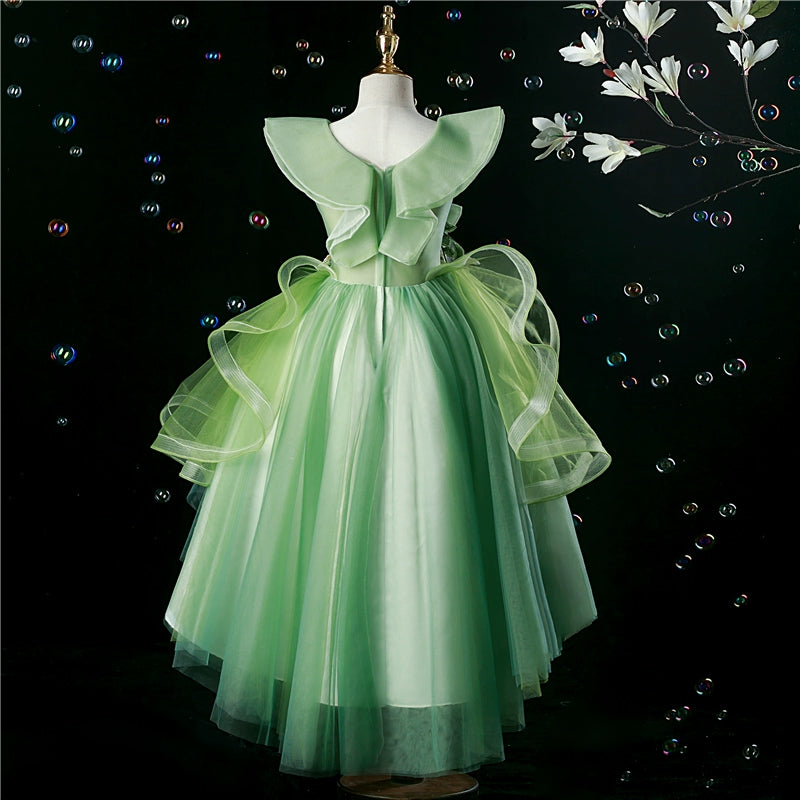 Princess Green Tulle Back Zip Baptism Lace Floor Length Sleeveless Cap Sleeve V-Neck Flower Girl Dress