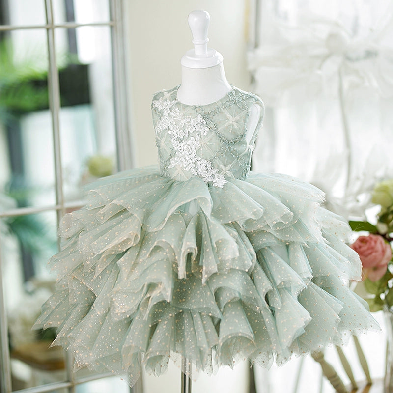 Princess Green Tulle Back Zip Baptism Lace Tea Length Sleeveless Round Flower Girl Dress