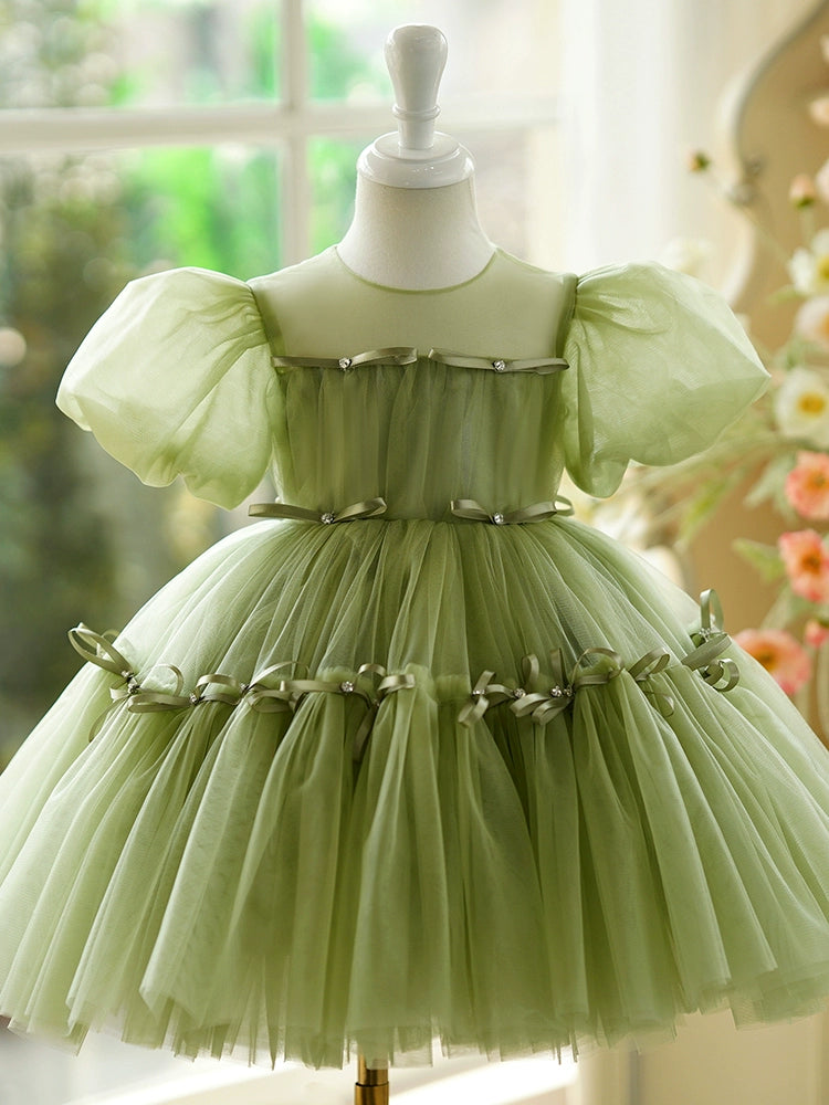 Princess Green Tulle Back Zip Baptism Pleated Tea Length Short Sleeve Puff Sleeve Round Flower Girl Dress